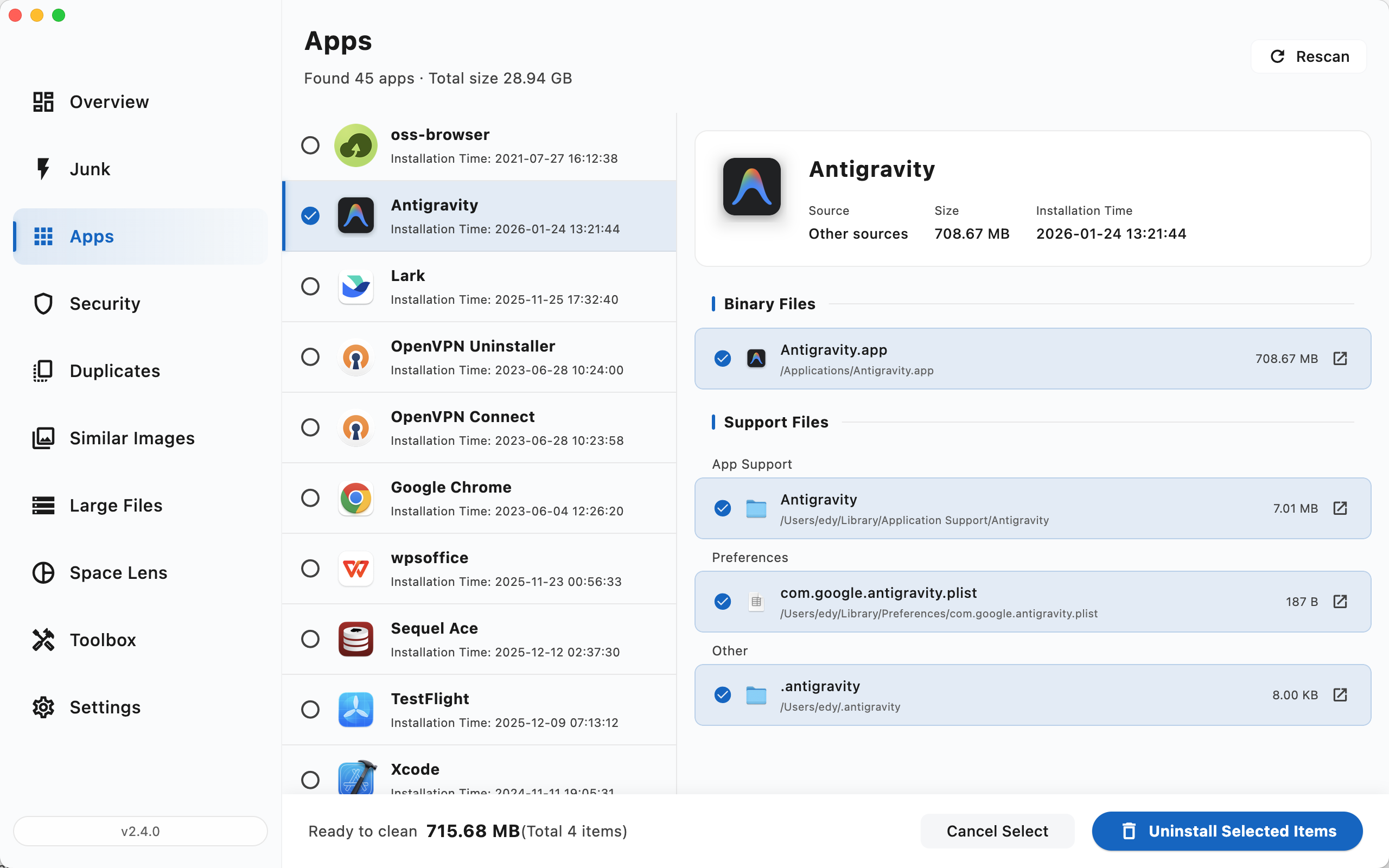 App selection with related files (support files, preferences, etc.)