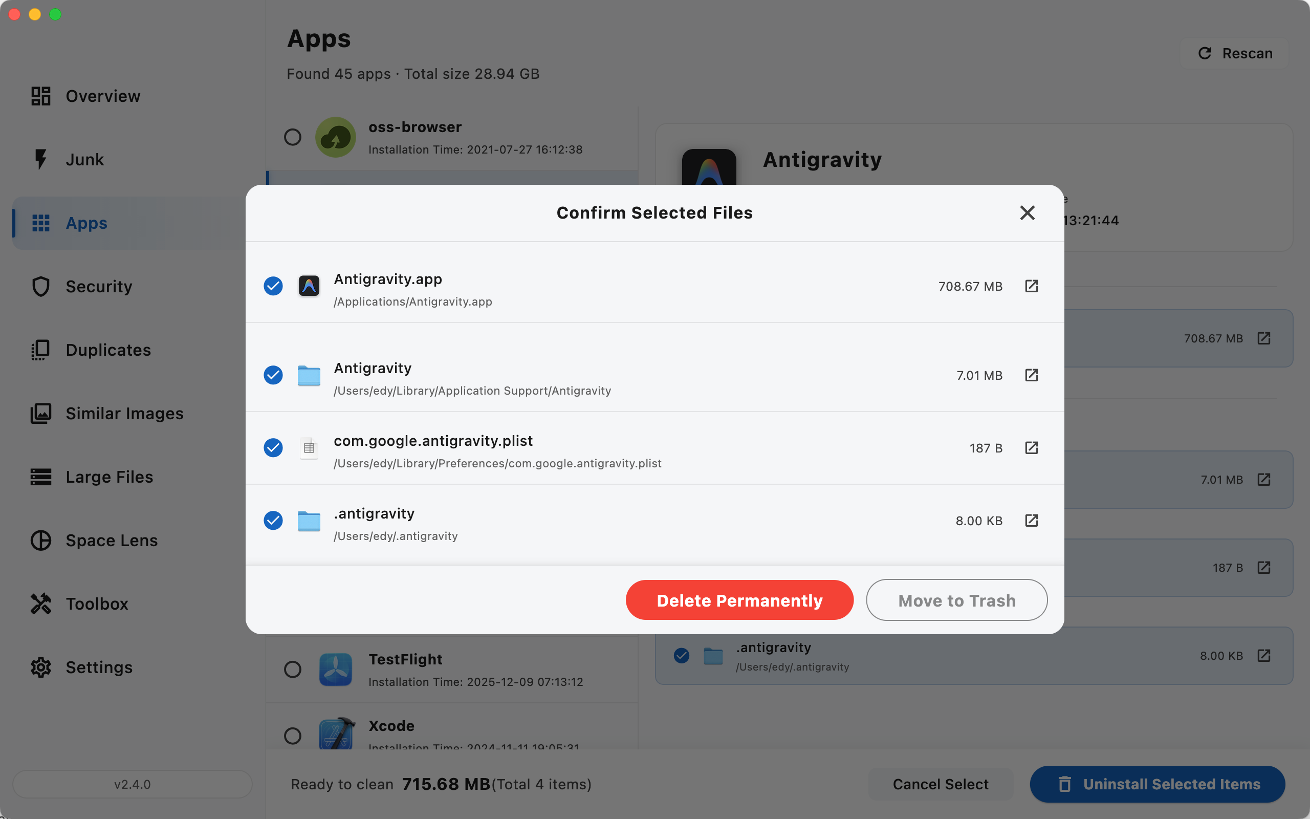 Confirm selected files before deleting permanently or moving to Trash