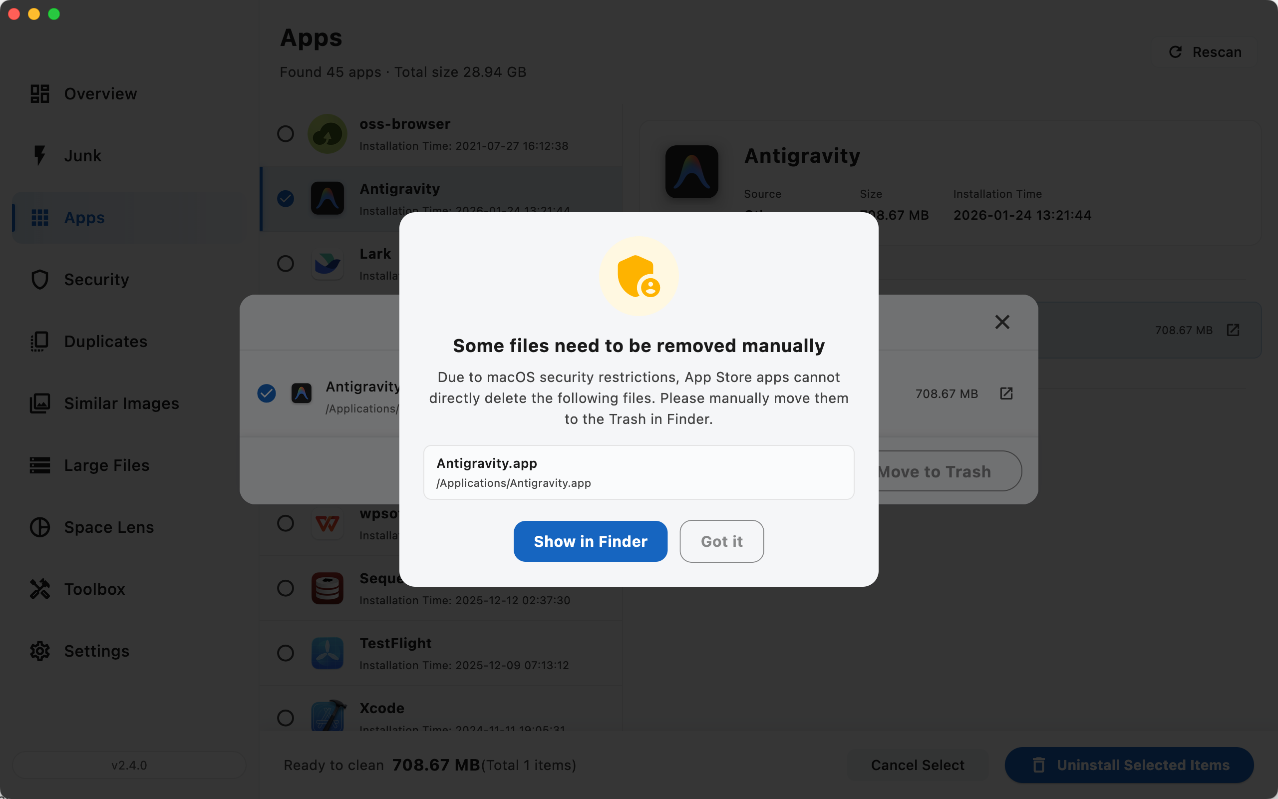 macOS security restriction notice: remove some files manually in Finder