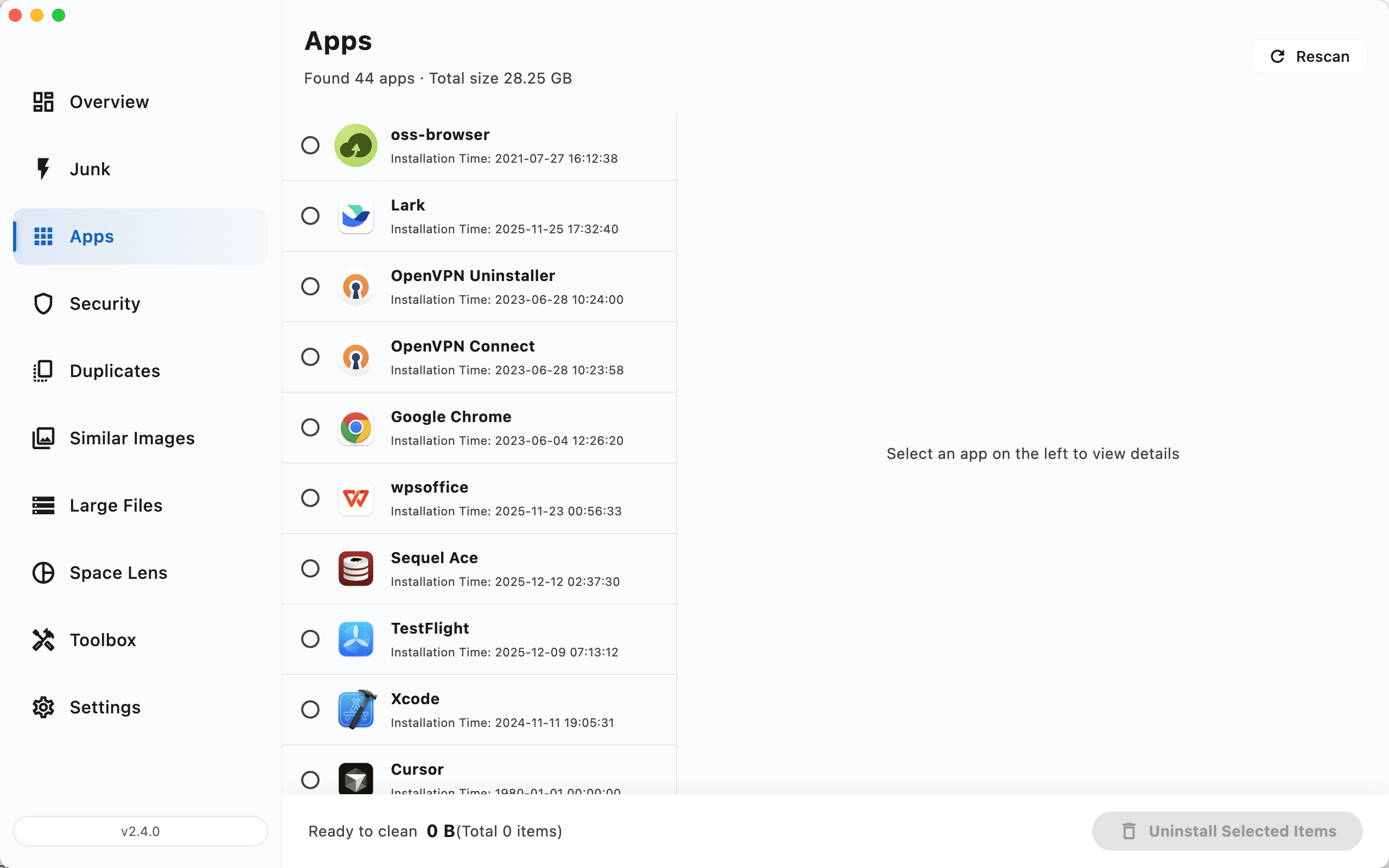 CleanDiskGo “Apps” screen listing installed apps
